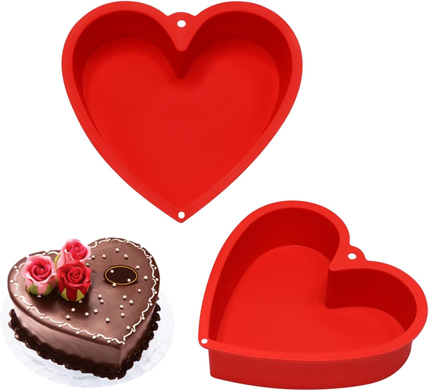 Alimat PluS 8 Inch Silicone Heart Shaped Cake Pans, 2 Pack Heart Cake Pan with Hanging Hole(Red)