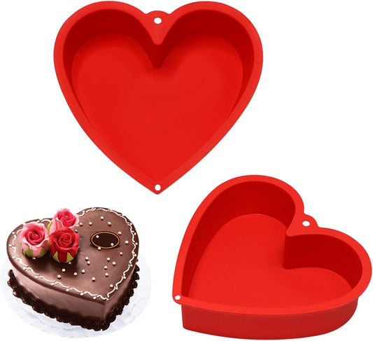 Alimat PluS 8 Inch Silicone Heart Shaped Cake Pans, 2 Pack Heart Cake Pan with Hanging Hole(Red)