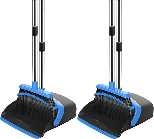 NACENA Broom and Dustpan Set, 52-in Long Adjustable Handle Broom Dustpan Combo with Dustpan Teeth to Automatically Clean Hair Suitable for Home Kitchen Office Hall Floor (Black&Blue), 2 Pack