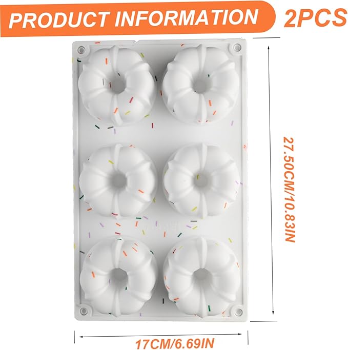 2Pcs Mini Bundts Cake Pan 6-Cavity Non-stick Safe Food-grade Reusable Silicone Baking Molds for Cupcakes, Donuts, Muffins, Cornbread, Brownies, Jellies