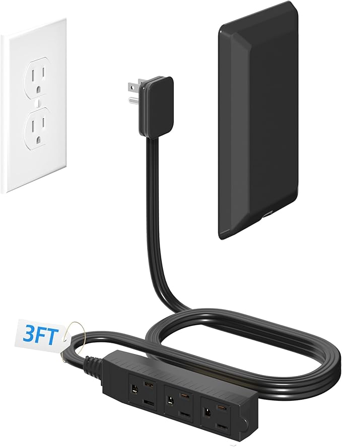 3FT Flat Plug Extension Cord with Ultra Thin Outlet Concealer with Cord Concealer Kit,3 Outlet Power Strip,Universal Size for Home,Bedroom,Kitchen,Bathroom,Office,ETL Listed,Black