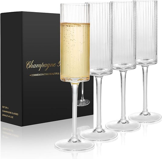 Topsky Ribbed Champagne Flutes Set of 4, 7 oz Crystal Champagne Glasses, Vintage Unique Ridged Design, Clear Mimosa Glasses, Cocktail or Wedding Toasting Glasses, Inner Stripe