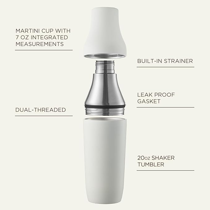 Kitessensu Hybrid Cocktail Shaker | Vacuum Insulated Stainless Steel Martini Shaker with Double Wall Martini Cup | Integrated Measuring System | Tumbler Lid & Cocktail Recipes Included | Cream