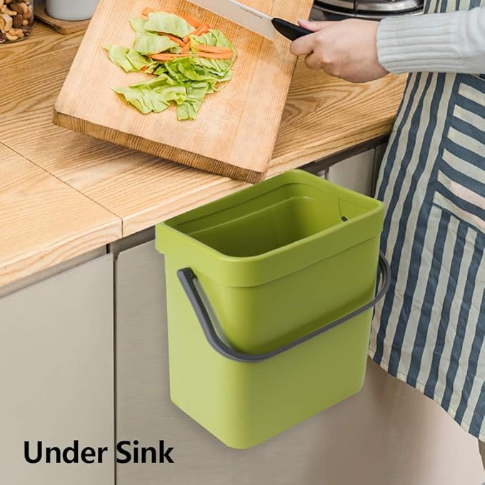 Hanging Small Trash Can with Lid Under Sink for Kitchen, 5 L/ 1.3 Gallons Plastic Waste Basket,Food Waste Bin,Kitchen Compost Bin for Counter Top,Bathroom/Office (Green)