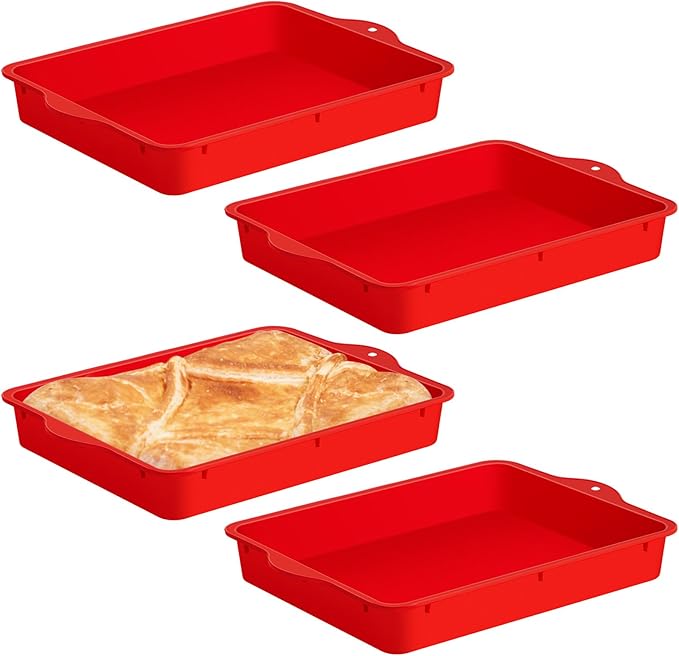 Geetery Set of 4 Silicone Square Cake Pan Silicone Brownie Pan Nonstick Baking Mold for Muffin Bread Rice Crispy Lasagna Pie, Red (10 x 8 x 1.6 Inches)