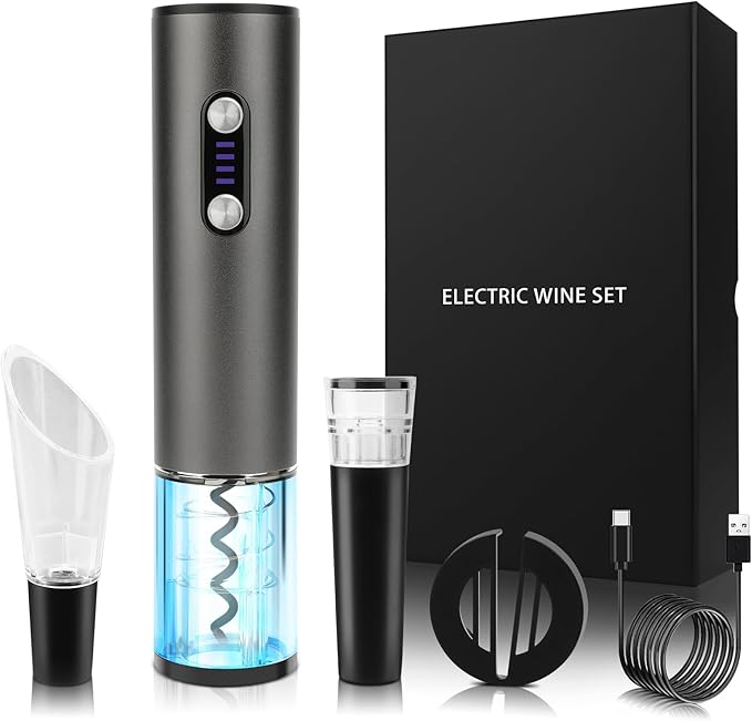 Electric Wine Opener Wine Gifts Bottle Openers Kit with Foil Cutter, Wine Aerator Pourer, Vacuum Stopper USB C Rechargeable Cordless Electric Wine Corkscrew Gift Set