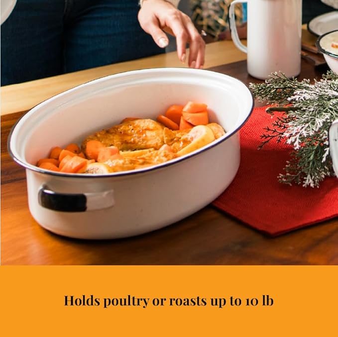 Granite Ware 15 inch oval roaster with Lid (Speckled White) enameled steel design to accommodate up to 10 lb poultry/roast. Resists up to 932°F