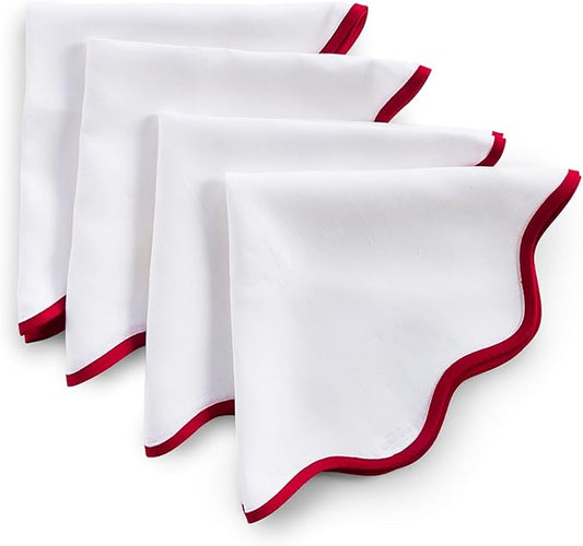 Solino Home Scallop Linen Napkins Set of 4-100% Pure Linen Red and White Dinner Napkins Cloth 20 Inch - Giselle Scallop Edge, Handcrafted and Machine Washable - Christmas