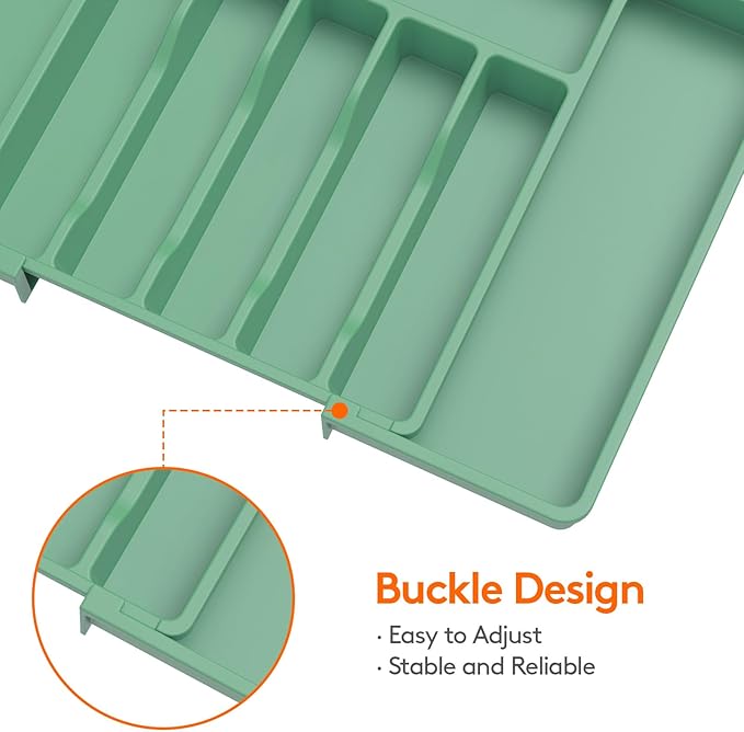 Lifewit Silverware Drawer Organizer, Expandable Utensil Tray for Kitchen, BPA Free Flatware and Cutlery Holder, Adjustable Plastic Storage for Spoons Forks Knives, Large, Green