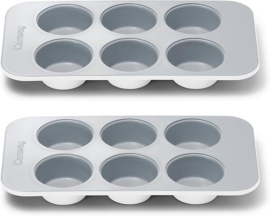 Caraway Nonstick Ceramic 6 Cup Muffin Pan Duo – Non-Toxic, PTFE & PFOA Free – Oven Safe – Aluminized Steel Core – Small Muffin Pan for Baking Cupcakes, Muffins & More - White