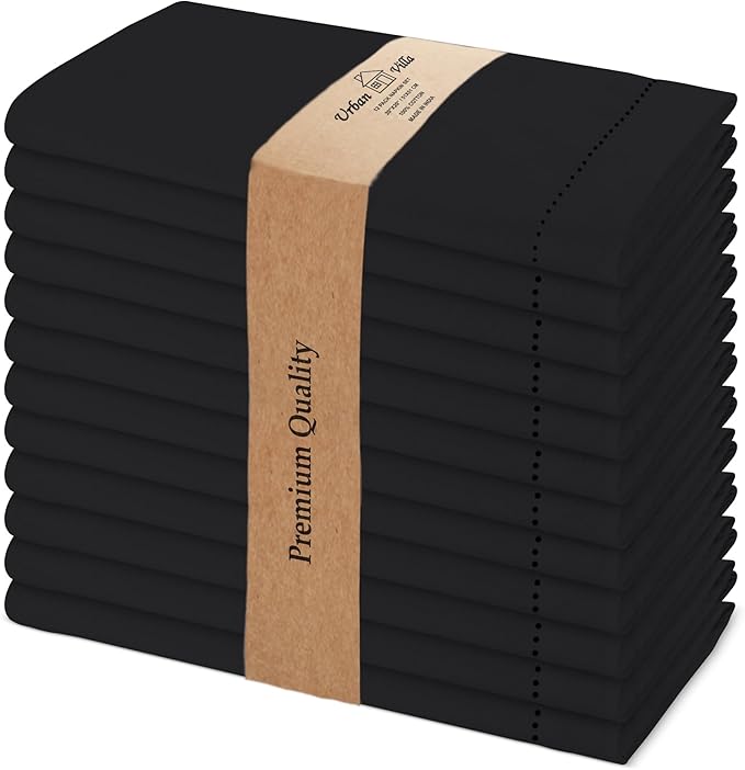 Urban Villa Cloth Napkins Set of 12 20x20 Inches 100% Cotton Hemstitch Napkins Cloth Washable Durable Reusable Absorbent Table Dinner Napkins Cloth for Hotel Lunch Restaurant Weddings Parties – Black