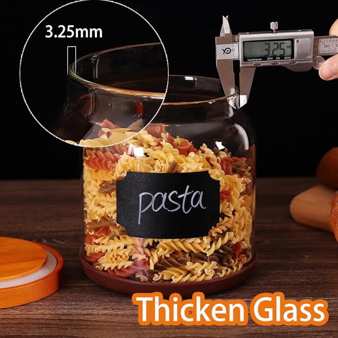 SAIOOL 2PCS Large Glass Storage Jars with Wooden Lids,Airtight Food Storage Containers, 3mm Thick Glass Kitchen Pantry Organization, Laundry Detergent Pods, with Scoop & Labels (67 FL OZ/2000 ml)