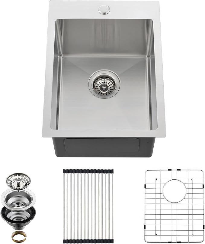 Drop In Kitchen Sink, 15 x 20 x 10 Inch 16 Gauge Single Bowl Topmount Wet Bar Sink T-304 Stainless Steel RV Kitchen Sinks