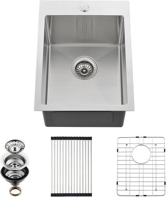 Drop In Kitchen Sink, 15 x 20 x 10 Inch 16 Gauge Single Bowl Topmount Wet Bar Sink T-304 Stainless Steel RV Kitchen Sinks