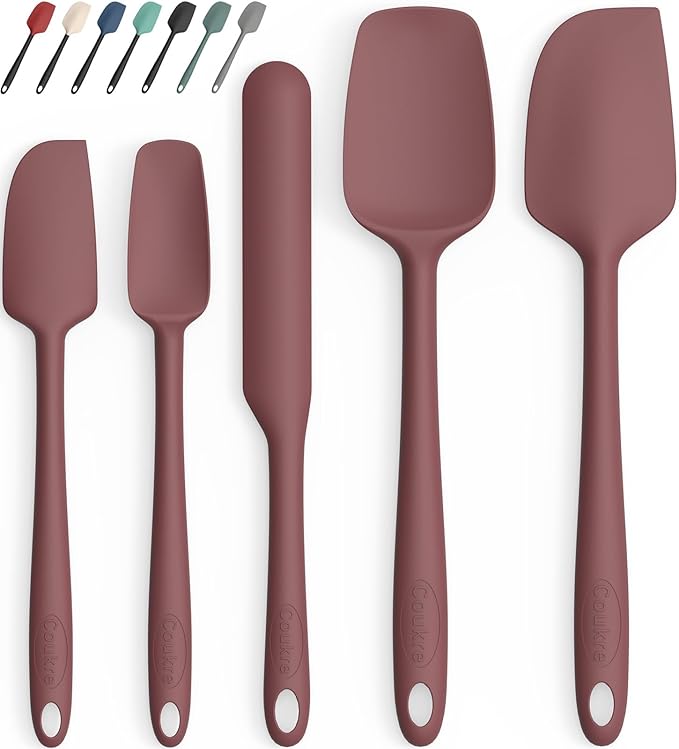 Coukre Silicone Spatula Set of 5,High Heat Resistant, Food Grade Silicone, Upgraded Extended Reinforced Handle,Dishwasher Safe, for Baking, Cooking (Pure Wine, Solid color)