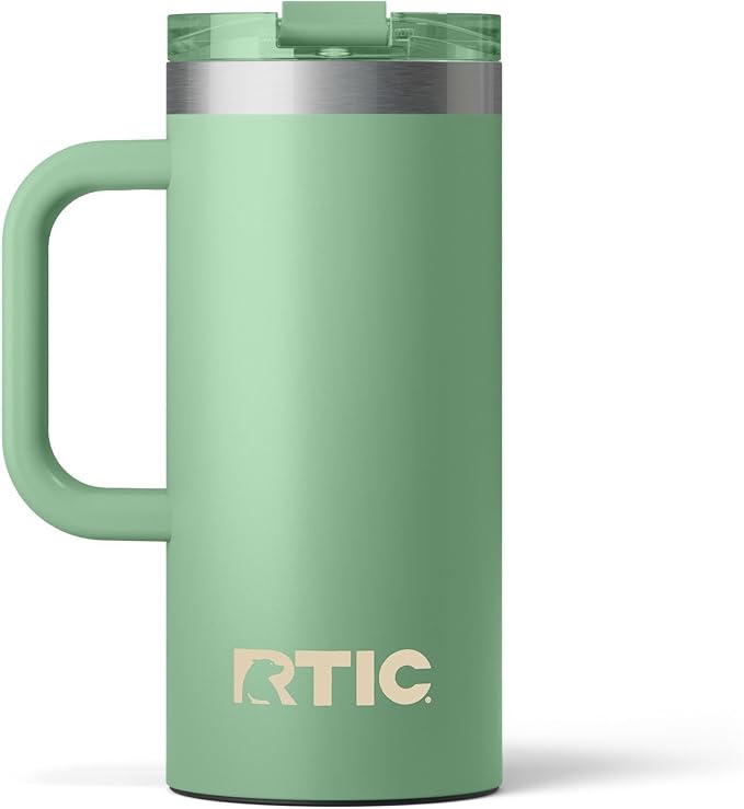 RTIC 16oz Road Trip Travel Mug with Lid and Handle, Ceramic Lined, Insulated, Stainless Steel, Metal, Double Wall Vacuum-Insulation, Portable Coffee, Tea Cup for Hot and Cold Drink, Sage