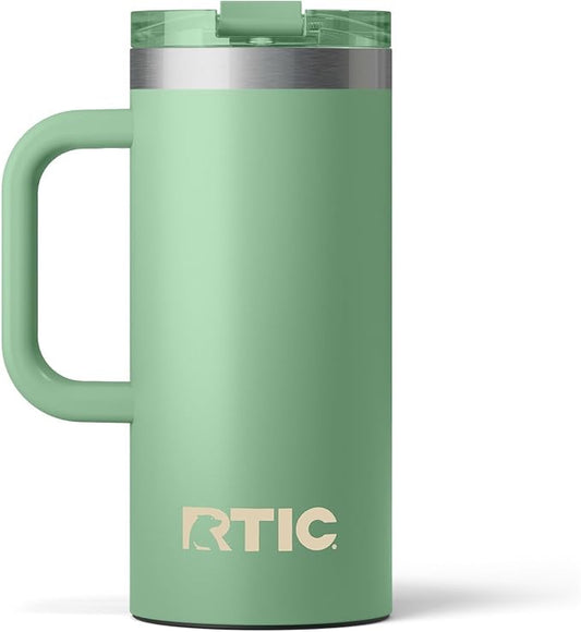 RTIC 16oz Road Trip Travel Mug with Lid and Handle, Ceramic Lined, Insulated, Stainless Steel, Metal, Double Wall Vacuum-Insulation, Portable Coffee, Tea Cup for Hot and Cold Drink, Sage