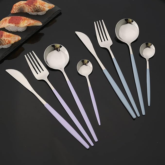 JASHII Flatware Set 24 Piece, Stainless Steel Silverware Set, Macaron Small Fresh Color Cutlery Set, Modern Elegant Tableware Set for Party, Christmas, Dinner (Haze Blue Silver)