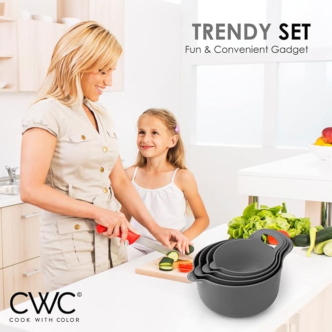 COOK WITH COLOR Nesting Plastic Mixing Bowl Set with Pour Spouts and Handles, Speckled Charcoal, 4 Piece