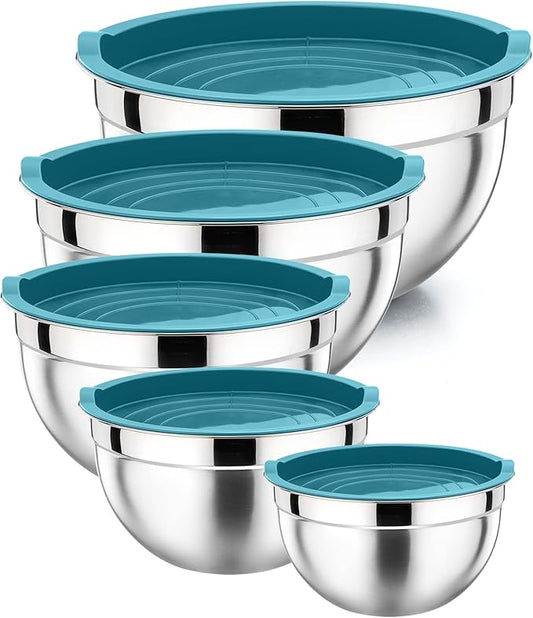 P&P CHEF Mixing Bowls with Airtight Lids Set of 5, 10-Piece Stainless Steel Mixing Nesting Bowl, Metal Bowl with Lid for Kitchen Prepping & Storing, Size 4.6, 3, 1.5, 1, 0.7 QT, Blue