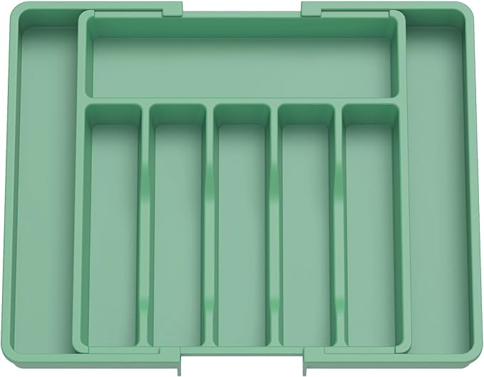 Lifewit Silverware Drawer Organizer, Expandable Utensil Tray for Kitchen, BPA Free Flatware and Cutlery Holder, Adjustable Plastic Storage for Spoons Forks Knives, Large, Green
