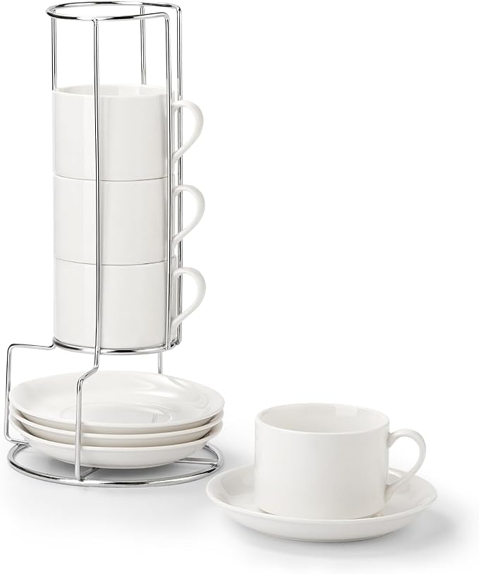 8 Ounce Porcelain Cappuccino Cups with Saucers and Stainless Steel Stand, Stackable Espresso Cups Set of 4, White Ceramic Coffee Mugs for Home, Office, Cafe or Gift