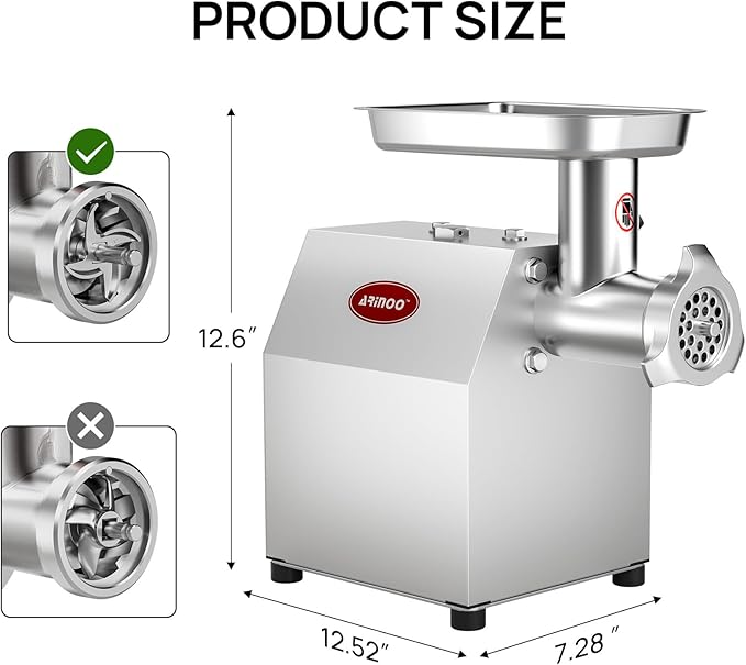Electric Meat Grinder #8, 0.6 HP Heavy Duty Stainless Steel Meat Mincer, 1500W Max, Includes 2 Blades, 2 Plates & 3 Sausage Stuffing Tubes, Meat Grinder for Home Kitchen & Restaurant Use
