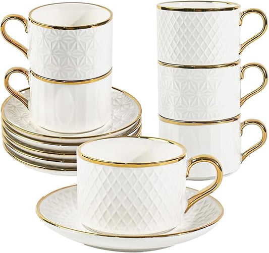 Espresso Cups and Saucers Set of 6, 7 OZ Porcelain Cappuccino Cups with Saucers, Stackable Coffee Mugs for Demitasse, Latte, Cafe, Mocha, Tea, Mother's Day Gift Thanksgiving Christmas Gift Present