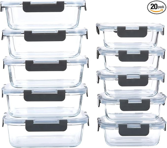 10-Pack Glass Food Storage Containers with Lids [Air-Tight,Leak-Resistant] Glass Containers for Food Storage, Meal Prep, Microwave, Freezer, Dishwasher Safe