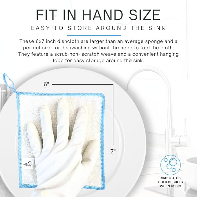 Whiffkitch Dishcloths Dishrags for Kitchen and Household Cleaning 6x7 3-Pack Non-Scratch 2-Ply Weave, Bamboo-Rayon Fabric, Absorbent, Washable, Long-Lasting