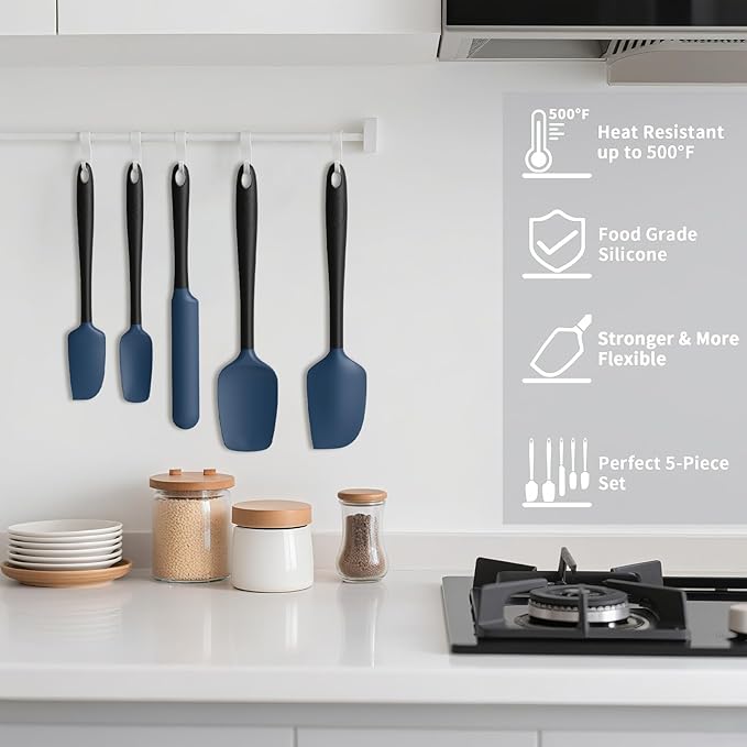 Coukre Silicone Spatula Set of 5,High Heat Resistant, Food Grade Silicone, Upgraded Extended Reinforced Handle,Dishwasher Safe, for Baking, Cooking (Dark Blue Black, Color block)