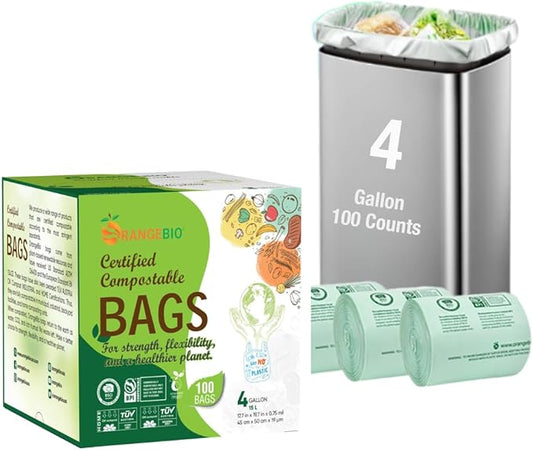OrangeBio 4 Gallon Home Compostable Trash Bags, 100 Count, Food Grade, Plant-based, Biodegradable, Leak-proof, Tear-resistant, US BPI ASTM D6400 and OK Compost Home Certified