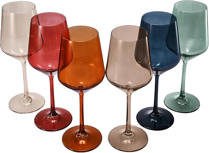 Colored Crystal Wine Glasses - Water & Wine 12oz | Set of 6 | Cute Pastel Muted Crystal Cocktail Glassware, Unique Gift Wife, Her, Mom, Friend Goblet Cocktails, Red & White Tall Stemmed Drinkware
