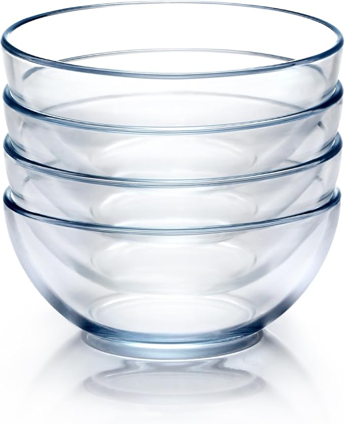 NUTRIUPS 7 Inch Medium Glass Prep Bowls, Tempered Glass Bowl Set of 4 Microwave and Oven Safe (7 inch, Set of 4)