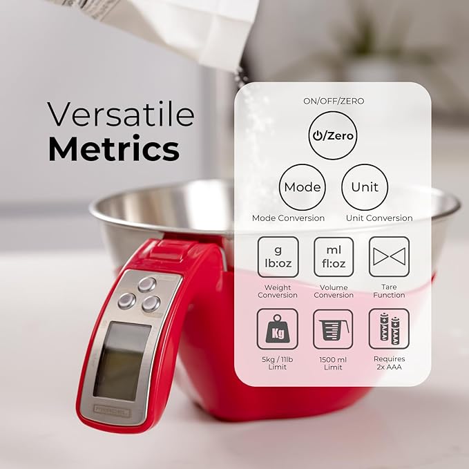 Fradel Digital Kitchen Food Scale with Bowl - 11lb, Grams & Ounces - Removable, Dishwasher-Safe Mixing Bowl - Red