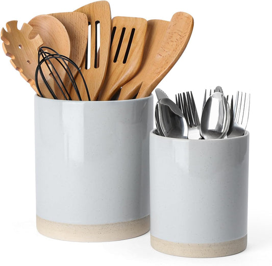 famiware Milkyway Kitchen Utensil Holder for Countertop, 7.2"+5.8" Ceramic Cooking Utensil Crocks for Counter, Utensil Organizer for Spatula & Spoon, Kitchen Decor, Set of 2, Light Gray
