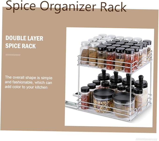 Healifty Heavy Duty Double Pull Out Spice Organizer Rack Slide Out Kitchen Countertop Storage Stand Metal Construction Space-saving Seasoning Holder for Cabinet and Home Use