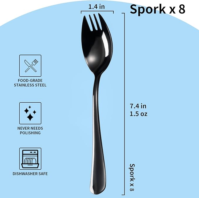 Alata Black Mirror Sporks 8-Pack Set Stainless Steel Sporks, 7.4 Inches Long Handle Salad Forks For Dessert, Ice Cream, Salad, Soup, Noodle, Spaghetti, Dishwasher Safe