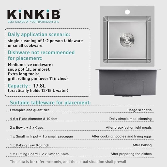 13 × 15 x 8 inch Drop in Bar Sink, Topmount Small Kitchen Sink Single Bowl, Handmade T-304 Stainless Steel Overmount Kitchen Bar Sink with Basket Strainer