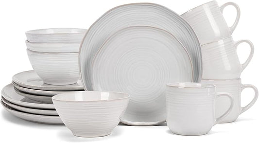 Elanze Designs Reactive Glaze Farmhouse Rustic Boho Ceramic Stoneware Dinnerware 16 Piece Plate Bowl Mug Dish Set - Service for 4, Classic White