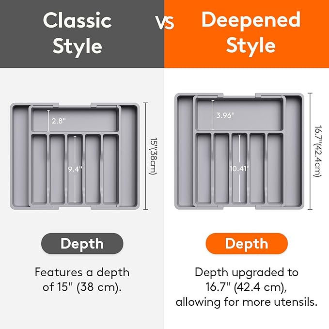 Lifewit Deep Silverware Drawer Organizer for Kitchen, Expandable Utensil Tray, Adjustable Flatware Cutlery Holder, Large Plastic Kitchen Storage for Spoons Forks Knives, 22.4 x 16.7 x 2 inches, Gray