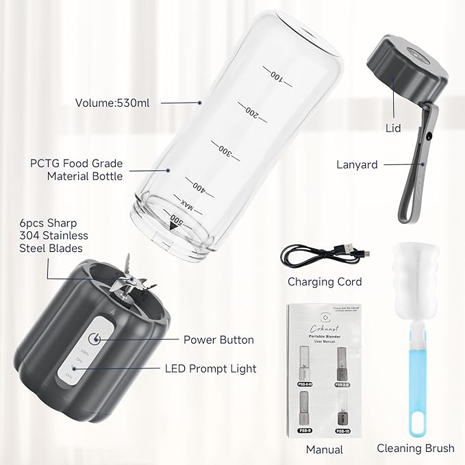 COKUNST 17Oz Portable Blender for Shakes and Smoothies, USB Rechargeable Smoothie Blenders with 6 Blades, Mini Mixer Personal Blender Juicer with Extra Handle Lid for Travel Gym Picnic Office