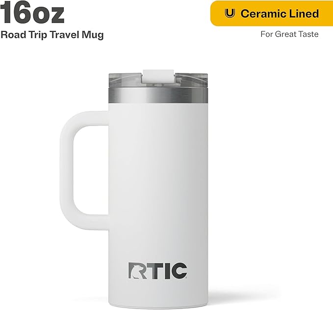 RTIC 16oz Road Trip Travel Mug with Lid and Handle, Ceramic Lined, Insulated, Stainless Steel, Metal, Double Wall Vacuum-Insulation, Portable Coffee, Tea Cup for Hot and Cold Drink, White