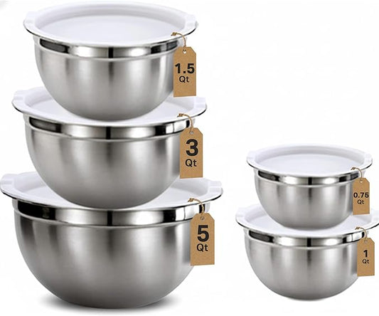 Vinod Cookware Stainless Steel Mixing Bowls with Lids - Heavy Duty Flat Bottom Stackable Mixing Bowl Set - Bowls for Meal Prep, Cooking, Mixing & Serve - Space Saving & Easy Clean - Set of 5