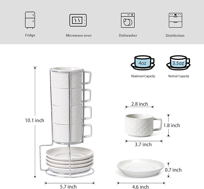 Sureasy Ceramic Espresso Cups Set of 4 – 4 oz White Embossed Cappuccino Cups with Saucers and Metal Stand, Stackable Mugs for Latte, Mocha, Tea, and Specialty Coffee