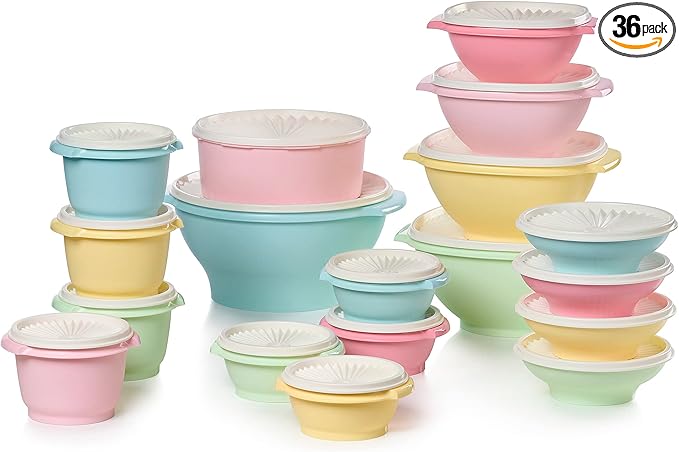 Tupperware Heritage Collection, 36 Piece Food Storage Container Set in Vintage Colors, Dishwasher Safe and BPA Free (18 containers, 18 lids)