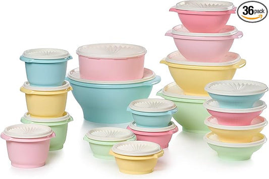 Tupperware Heritage Collection, 36 Piece Food Storage Container Set in Vintage Colors, Dishwasher Safe and BPA Free (18 containers, 18 lids)