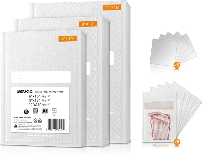 Wevac Vacuum Sealer Bags, 150 Gallon 11" x 16", and Quart 8" x 12" and Pint 6" x 10", 5 Liquid Block Bags & 5 Bone Guard Pieces, Heavy Duty for Food Storage, Sous Vide & Meal Prep