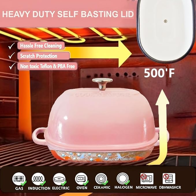 Cast Iron Bread Oven,6 QT Bread Oven,Thick Enameled Loaf Pan with Lid,Bread Pans for Homemade Bread,14.5"Dutch Oven for Bread Baking,Dutch Oven-with Silicone Baking Mat&Recipe,Gifts for Family,Pink