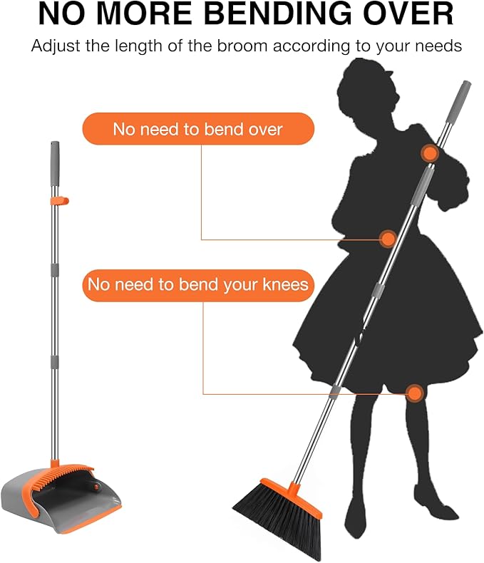 NACENA Broom and Dustpan Set, 52-in Long Adjustable Handle Broom Dustpan Combo with Dustpan Teeth to Automatically Clean Hair Suitable for Home Kitchen Office Hall Floor（Grey&Orange）